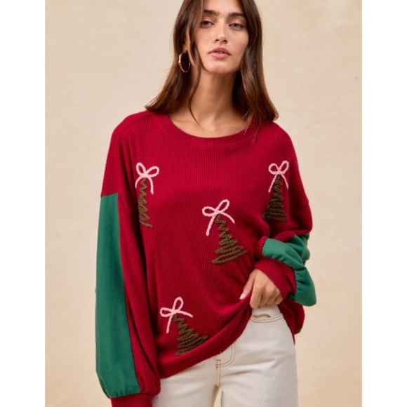 "The Odessa" Burgundy Oversized Christmas Tree Sweater - Picture 1 of 3